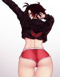 2d arms_up ass ass_hanging_out_of_shorts bluefield dolphin_shorts female female_only hoodie hotpants light-skinned_female light_skin long_sleeves looking_to_the_side medium_ass pale-skinned_female pale_skin ruby_rose rwby short_hair shorts simple_background solo sportswear sweater