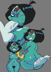 ass belly_button big_teeth black_hair blowjob blue_skin buttjob cheeks crash_(series) dick hairy_pussy high_resolution mooncheez3 nerdy_female nina_cortex penis phone pubic_hair small_breasts