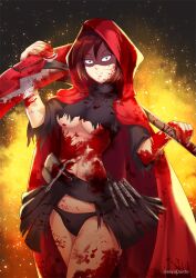 1girls black_panties black_skirt blood blood_on_face blood_splatter blood_stain brown_hair cloak corruption covered_in_blood fire_background hood no_bra panties red_cloak ruby_rose rwby scythe solo solo_female stare tattered_clothing torn_shirt torn_skirt underboob yandere