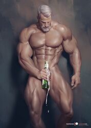 champagne covering_crotch daddy dilf male male_only muscles muscular muscular_male silverjow twitter_user_oc ulric_(silverjow)