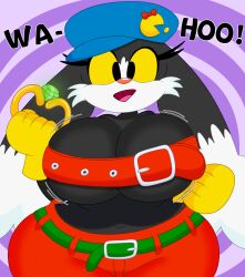 1girls 3barts anthro belt belt_around_boobs big_breasts black_body black_fur breasts busty clothing crop_top feline female female_only gloves hat huge_breasts klonoa klonoa_(series) large_breasts looking_at_viewer pants ring rule_63 solo stretched_belt thick_thighs wide_hips yellow_eyes