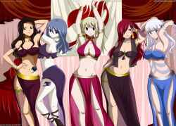 5girls belly_dancer belly_dancer_outfit big_breasts blonde_hair blue_eyes blue_hair bocas_top brown_eyes brown_hair cana_alberona cleavage dancer dancer_outfit erza_scarlet fairy_tail female female_only femsub harem harem_girl harem_outfit hectorponce98 juvia_lockser loincloth looking_at_viewer lucy_heartfilia mirajane_strauss pale_skin red_hair sarong see-through_vest submissive_female tattoo voluptuous white_hair