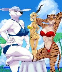 2022 3_toes 4_fingers akiric antelope anthro ass athletic athletic_anthro athletic_female barefoot bedroom_eyes big_breasts bikini bikini_bottom bikini_top black_nose black_stripes blonde_hair blue_bikini blue_clothing blue_eyes blue_swimwear bovid breasts claws cleavage disney eyeshadow feet felid female finger_claws fingers fur furniture gazelle gazelle_(zootopia) green_eyes group hair hand_on_hip hand_on_own_hip hands_behind_head hi_res hindpaw hooved_fingers hooves horn humanoid_hands looking_at_viewer looking_back looking_back_at_viewer major_friedkin major_friedkin_(zootopia) makeup mammal medium_breasts multicolored_body multicolored_fur narrowed_eyes nipple_outline officer_fangmeyer on_one_leg on_table orange_body orange_fur pantherine paws pink_nose polar_bear raised_leg red_bikini red_clothing red_swimwear seductive smile standing standing_on_table strapless_bikini strapless_clothing strapless_swimwear striped_body striped_fur stripes sun_hat swimsuit swimwear table tan_body tan_fur tiger toe_claws toes trio two_tone_body two_tone_fur ursid ursine white_body white_fur yellow_bikini yellow_clothing yellow_eyes yellow_swimwear zootopia