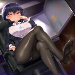 1girls big_breasts crossed_legs doskoinpo eyebrows_visible_through_hair feet femdom implied_femdom sitting sitting_on_chair solo solo_female tagme thick_thighs