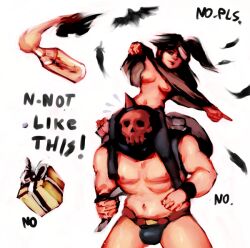 bandage bandage_on_face bandage_over_one_eye bandages belly_button big_hair black_hair boobs breasts breasts_out breasts_outside brown_nipples buddy_armstrong dustin_armstrong flashing flashing_breasts lisa_(series) lisa_the_joyful lisa_the_painful long_hair nipples no_bra poncho ponytail rando_(lisa_the_painful) skull_mask text white_body white_skin