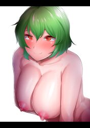 bangs blush breasts closed_mouth completely_nude female green_hair hair_between_eyes huge_breasts letterboxed looking_at_viewer nipples nude red_eyes sadahiro_(chicken_nugget_gyuuniku_aji) shiny shiny_skin short_hair simple_background smile solo team_shanghai_alice touhou upper_body white_background yuka_kazami yuuka_kazami