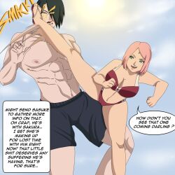 1boy 1girls big_breasts black_hair boruto:_naruto_next_generations breasts cameltoe commentary couple english_text feet female fight flip_flops human husband_and_wife kick kicking long_hair male male/female megami_comics naruto naruto_(series) outdoors pink_hair sakura_haruno sandals sasuke_uchiha shorts smile sparring speech_bubble standing standing_on_one_leg sunlight swimsuit talking text