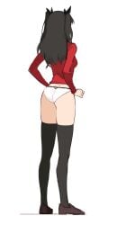 back_view black_hair black_stockings butt dark_hair fate/stay_night fate/zero fate_(series) girl jason_kim long_sleeves looking_away no_pants no_skirt panties red_shirt red_topwear small_butt thick_thighs thighs tohsaka_rin twintails type-moon white_panties