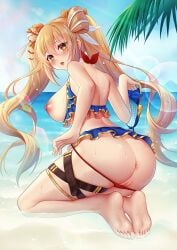 1girls barefoot beach big_ass big_breasts blonde_female blonde_hair censored exposed_breasts exposed_pussy female female_only light-skinned_female long_hair miniskirt mosaic_censorship nozomi_(princess_connect!) panties_down princess_connect! sideboob solo solo_female yellow_eyes