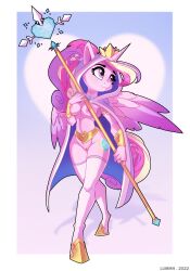 abstract_background absurd_res alicorn anthro breasts chilllum cloak clothed clothing crystal cutie_mark digital_media_(artwork) equid equine eyelashes eyeshadow female footwear friendship_is_magic genitals gradient_background hair hand_on_breast hasbro heart hi_res holding_object hooves horn horse legwear lips makeup mammal mane my_little_pony nipples partially_clothed pink_body pony ponytail princess_cadance_(mlp) pussy shaded shoes shoes_on simple_background solo staff stockings tabard unguligrade_anthro unguligrade_feet unguligrade_legs wings