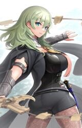 1girls absurdres ass attacking_viewer bad_anatomy bangs black_coat black_shirt black_shorts breasts byleth_(fire_emblem) byleth_(fire_emblem)_(female) coat cowboy_shot enlightened_byleth_(female) female female_only fire_emblem fire_emblem:_three_houses gonzarez green_eyes green_hair hair_between_eyes highres holding holding_sword holding_weapon large_breasts leggings legwear_under_shorts long_hair looking_at_viewer nintendo pantyhose shirt short_shorts shorts solo standing sword sword_of_the_creator thighs twisted_torso vambraces weapon