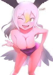 1girls ;d bald_eagle_(kemono_friends) bangs bare_arms bare_shoulders bird_tail bird_wings blonde_hair breasts bursting_breasts clavicle cleavage clothing cowboy_shot dot_nose eyebrows_visible_through_hair eyelashes feathers female female_only finger_gun full_cleavage gradient_hair hair_between_eyes hand_on_hip hanging_breasts happy head_wings hi_res high_resolution kemono_friends kemono_friends_3 large_breasts leaning_forward legs long_hair looking_at_viewer looking_to_the_side masuyama_ryou medium_breasts multicolored_hair one-piece_swimsuit one_eye_closed open-mouth_smile open_mouth pink_swimsuit pointing pose purple_swimsuit sidelocks simple_background smile solo standing swimsuit tail teeth tongue two-tone_hair upper_teeth white_background white_hair wink yellow_eyes