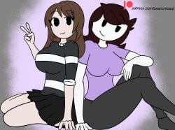 2d back_to_back beanontoast clothed emirichu jaiden jaiden_animations jumper looking_at_viewer mob_face pants peace_sign shirt shoes skirt thick_thighs youtube