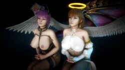 2girls 3d angel angel_wings ayane_(doa) brown_eyes brown_hair chains dead_or_alive demon_girl demon_horns demon_wings detached_sleeves kasumi_(doa) kneeling long_hair purple_hair red_eyes reinhardt94 short_hair slave slave_collar slavegirl voluptuous