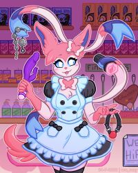 1girls anal_beads anthro artificial_vagina ball_gag blue_eyes clothed clothing dildo dress eeveelution ero_roxy facing_viewer female gag hi_res holding_object looking_at_viewer maid nintendo open_mouth penetrable_sex_toy pokémon_(species) pokemon pokemon_(species) pokemorph rabbit_vibrator ribbons sex_toy solo sylveon vibrator video_games