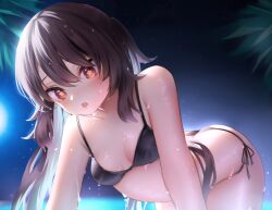 1girls all_fours ass bent_over bikini black_bikini breasts brown_hair cleavage female female_focus female_only genshin_impact hu_tao_(genshin_impact) looking_at_viewer mihoyo neit_ni_sei open_mouth partially_submerged red_eyes side-tie_bikini small_breasts twintails wet