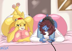 1boy 1girls 2021 animal_crossing ass big_breasts blue_fur bottom_heavy bunny_boy canine femboy furry game_controller gress_(retrogress) huge_ass isabelle_(animal_crossing) laying_on_stomach looking_at_another male/female misx nintendo panties smile tagme tail tight_clothing tight_pants yellow_fur