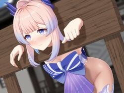 1girls bent_over blue_eyes blush bottomless bound bound_wrists breasts captured cleavage female female_only genshin_impact humiliation pillory pink_hair public_humiliation restrained sangonomiya_kokomi solo stockade thighhighs torn_clothes xaxc3258