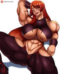 1girls abs arm_up ass ass_visible_through_thighs biceps big_breasts breasts clothing female female_only fuma_kotaro_(tenkaichi) hand_behind_head huge_breasts legs_spread looking_at_viewer muscular muscular_female open_mouth pose posing red_eyes red_hair scar scars sitting smile solo spread_legs tenkaichi_nihon_saikyou_bugeisha_ketteisen thick_thighs thunder_thighs tongue tongue_out underboob wide_hips wkart