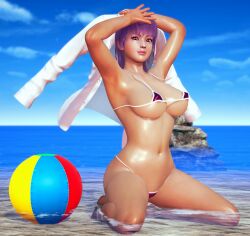 3d ayane_(doa) beach beach_ball bikini dead_or_alive g-string kneeling kneeling_in_water large_breasts looking_at_viewer micro_bikini partially_visible_areolae posing purple_bikini purple_hair red_eyes reinhardt94 seaside short_hair underboob