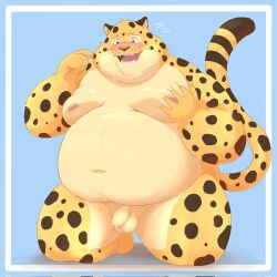 1boy 2022 anthro balls belly benjamin_clawhauser big_belly blush cheetah countershading disney fat fat_man felid feline flaccid genitals gomdepp hi_res humanoid_genitalia humanoid_hands humanoid_penis kemono male male_only mammal moobs navel nipples obese obese_male overweight overweight_male penis simple_background solo zootopia