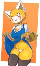 1girls 2d :3 aggressive_retsuko anthro artist_name big_breasts blush bodily_fluids breasts cleavage clothed clothing clothing_lift curvaceous curvy embarrassed female female_focus female_only hi_res ice1368 navel no_humans office_lady panties red_panda retsuko sanrio shirt shirt_lift simple_background smile solo stockings straight_hair sweat thick_thighs thighhighs topwear underwear white_panties white_underwear wide_hips