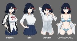 1girls adult_swim arm_behind_head black_hair black_skirt blue_eyes blush bra breasts canon_panties cleavage collared_shirt cowboy_shot cropped_legs curtain_call_challenge english_text female grey_background hand_on_hip hand_up hands_in_pockets highres jacket kill_la_kill large_breasts matoi_ryuuko medium_hair multicolored_hair multiple_views navel neck_ribbon oksandio one_eye_closed open_clothes open_shirt panties pleated_skirt red_hair red_ribbon ribbon shimapan shirt simple_background skirt streaked_hair striped striped_bra striped_panties taut_clothes tented_shirt toonami transparent_clothing underwear white_shirt