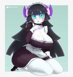 2022 animal_crossing anthro big_breasts black_wool blue_eyes blush boobs_and_butt_pose breasts cleavage clothed clothing female fur furry furry_female furry_only gammainks goth hand_on_chest hand_on_leg hi_res large_breasts looking_at_viewer maid_apron maid_headdress maid_outfit maid_uniform makeup muffy_(animal_crossing) nintendo purple_horns sheep sheep_girl solo thick_thighs thighs