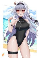 beach big_breasts cck guardian_tales hairband half_vampire_priscilla_(guardian_tales) horn priscilla_(guardian_tales) red_eyes silver_hair swimsuit tagme tied_hair vampire vampire_girl