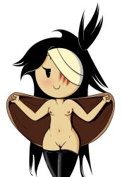 bandage_on_face bandage_over_one_eye bandages belly_button big_hair black_eyes black_hair blush blushing boobs breasts breasts_out breasts_outside buddy_armstrong flustered lisa_(series) lisa_the_joyful lisa_the_painful long_hair nipples no_bra no_panties pink_nipples poncho ponytail pussy scars scars_on_face smile smiling smirk smirking thigh_highs thighhighs thighs vagina white_body white_skin