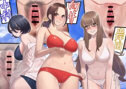 3girls anus arm_under_breasts bar_censor bare_shoulders bikini black_bikini black_eyes black_hair black_pubic_hair blue_sky blush breasts brown_eyes brown_hair cameltoe censored character_name cleavage cloud commentary_request cowboy_shot cut-in day female_pubic_hair hair_ornament highres large_breasts long_hair looking_at_viewer looking_back multiple_girls navel original outdoors parted_lips ponytail pubic_hair pussy pussy_juice red_bikini shirt short_hair side-tie_bikini sky smile swimsuit takami_masahiro thigh_gap translated very_long_hair white_bikini white_shirt