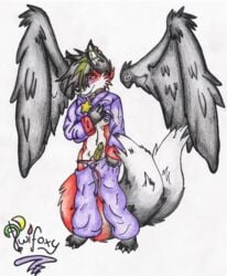 canine collar exposed fox fur furry_ears furry_tail male male_only nipple_ring pajamas piercing star tail twi twifoxy underwear wings