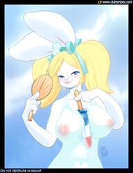 2006 anthro big_breasts blush breasts clubstripes fan female fur furry lagomorph miu popsicle popsicle_between_breasts rabbit ribbons see-through see-through_swimsuit solo swimsuit tongue_out