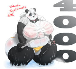 1girls anthro areola bbw blush breasts collar erect_nipples fat female female_only furry gillpanda gillpanda_(character) hyper hyper_ass hyper_breasts looking_at_viewer nipple_bulge nipples no_bra obese overweight panda panties partially_submerged simple_background smile solo ssbbw thong water wet wet_t-shirt