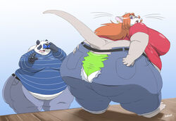 2girls ass camera clothed clothing color duo embarrassed fat female female_only filming from_behind furry gillpanda gillpanda_(character) glasses huge_ass looking_back obese overweight overweight_female panda panties simple_background tongue torn_clothes underwear ursid wardrobe_malfunction wide_hips