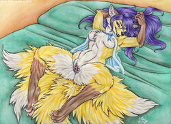 2010 after_sex aftermath arms_above_head bed breasts canine cum cum_in_pussy cum_inside female fox fur furry_ears furry_tail mayra_boyle nude on_back pussy solo spread_legs spreading tail yellow