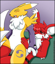 anthro arms breasts brown_eyes canine chest_tuft closed_eyes cuntboy digimon dildo fox fur furry furry_only holding intersex kangaroo legs long_ear marsupial navel nipples no_humans on_back open_mouth penetration pointy_ears pussy red renamon reverse_cowgirl_position sex sex_toy shadow sharey spread_legs spreading strap-on tail tuft vaginal_penetration verona white_fur yellow