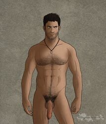 abs brown_hair closed_mouth color facial_hair flaccid front_view hair hairy headingsouth human looking_left male male_only nathan_drake necklace nipples nude open_eyes penis pubic_hair ring round_ears short_hair solo source_request standing tan_skin testicles uncensored uncharted