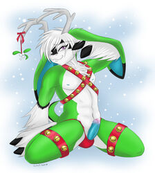 1boy 2010 anthro antlers bells blue_penis girly goat horns hybrid loui male male_only mistletoe nude pepper precum reindeer skimpy solo