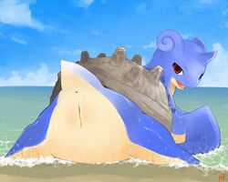 beach cetacean female lapras looking_at_viewer looking_back open_mouth pokemon pussy red_eyes seaside shell solo unknown_artist
