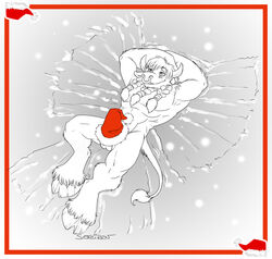 2010 anthro balls blizzard_entertainment blush border bovine braids christmas cock_hat ear furry furry_only hair hat holidays hooves horde horde_(warcraft) horns jewelry lying male male_only nose_ring nude on_back original_character pommura ring santa_hat sefeiren sketch snow snow_angel solo tail tail_tuft tauren warcraft winter winter_veil world_of_warcraft