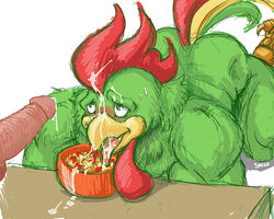 all_fours avian beak bird blush bukkake cereal claws corn_flakes cornelius_(kellogg's) cum dreke feathers gay green green_eyes human looking_up male male_chicken mascot muscles open_mouth penis red table tailfeathers tongue white_background yellow