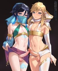 2boys balls blonde_hair blush breath_of_the_wild crossover erect_penis erection femboy frogzone frogzone_art genshin_impact gerudo gerudo_link gerudo_link_(cosplay) gerudo_veil girly high_resolution hylian link link_(breath_of_the_wild) looking_at_viewer male_only nintendo penis pointy_ears simple_background standing the_legend_of_zelda thighs twin_braids venti_(genshin_impact) venti_(genshin_impact)_(cosplay)