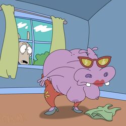 anthro ass breasts curtains fat female flower forever_traumatized gladys_the_hippo hippo male marsupial nude o_o obese rocko rocko's_modern_life sunglasses topless wallaby window