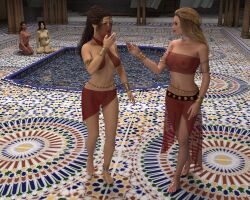 3d 4girls 5:4_aspect_ratio belly_chain belly_dancer belly_dancer_outfit black_hair blonde_hair bocas_top braless brown_hair chloek deviantart gor gorean harem harem_girl harem_outfit indoors kneeling naked no_bra_under_clothes nude nude_female pool tubetop