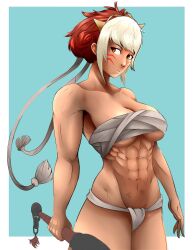 1girls abs arant_king bangs brown_hair cleavage dark-skinned_female dark_skin female female_only fire_emblem fire_emblem_fates medium_breasts muscular muscular_female nintendo red_eyes rinkah_(fire_emblem) short_hair solo underboob underwear weapon white_hair