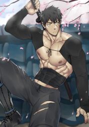 1boy abs brown_hair doudanuki_masakuni looking_at_viewer looking_pleasured male male_only muscles solo suyohara touken_ranbu