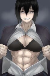 abs big_breasts black_hair bra freckles muscular muscular_female opening_shirt tagme takano_togainu_(zokosuke) zokusuke