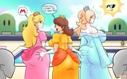 3girls ass ass_grab big_ass big_breasts big_butt big_hair blonde_hair blue_eyes blush blushing breasts brown_body brown_hair brown_skin butt crown earrings female flirting flustered giant_ass giant_breasts horndog_(artist) krotchy lipstick long_hair mario_(series) massive_ass massive_breasts massive_butt multiple_girls orange_hair pale-skinned_female pale_skin party pool pool_party postal_(series) princess_daisy princess_peach princess_rosalina super_mario_bros. text thick thick_ass thick_legs thick_thighs white_body white_hair white_skin