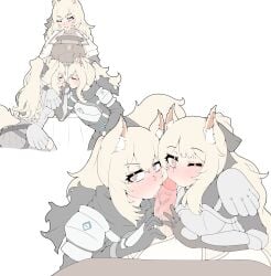 1futa 2girls absurdres animal_ear_fluff animal_ears arknights armor aunt_and_niece big_penis blemishine_(arknights) blonde_hair blue_eyes breasts brown_eyes censored collaborative_fellatio cooperative_fellatio erection fellatio female fully_clothed futa_on_female futa_with_female futanari futanari_pov group_sex heart heart-shaped_pupils highres horse_ears horse_girl horse_tail humanoid humanoid_penis incest kemonomimi licking licking_penis light-skinned_female light-skinned_futanari long_hair mosaic_censoring mostly_clothed multiple_girls nearl_(arknights) one_eye_closed oral penis physisyoon ponytail pov sex shimaidon_(sex) siblings simple_background sisters symbol-shaped_pupils tail threesome tongue tongue_out veins veiny_penis whislash_(arknights) white_background